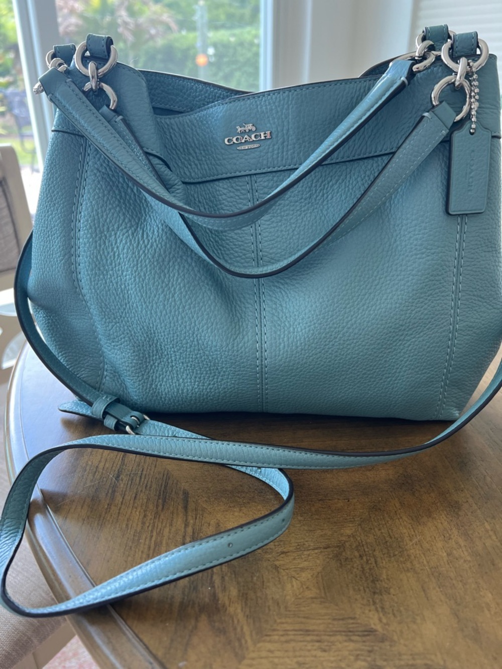 Coach Pebble Leather Shoulder Bag Blue with Shoulder and Crossbody straps